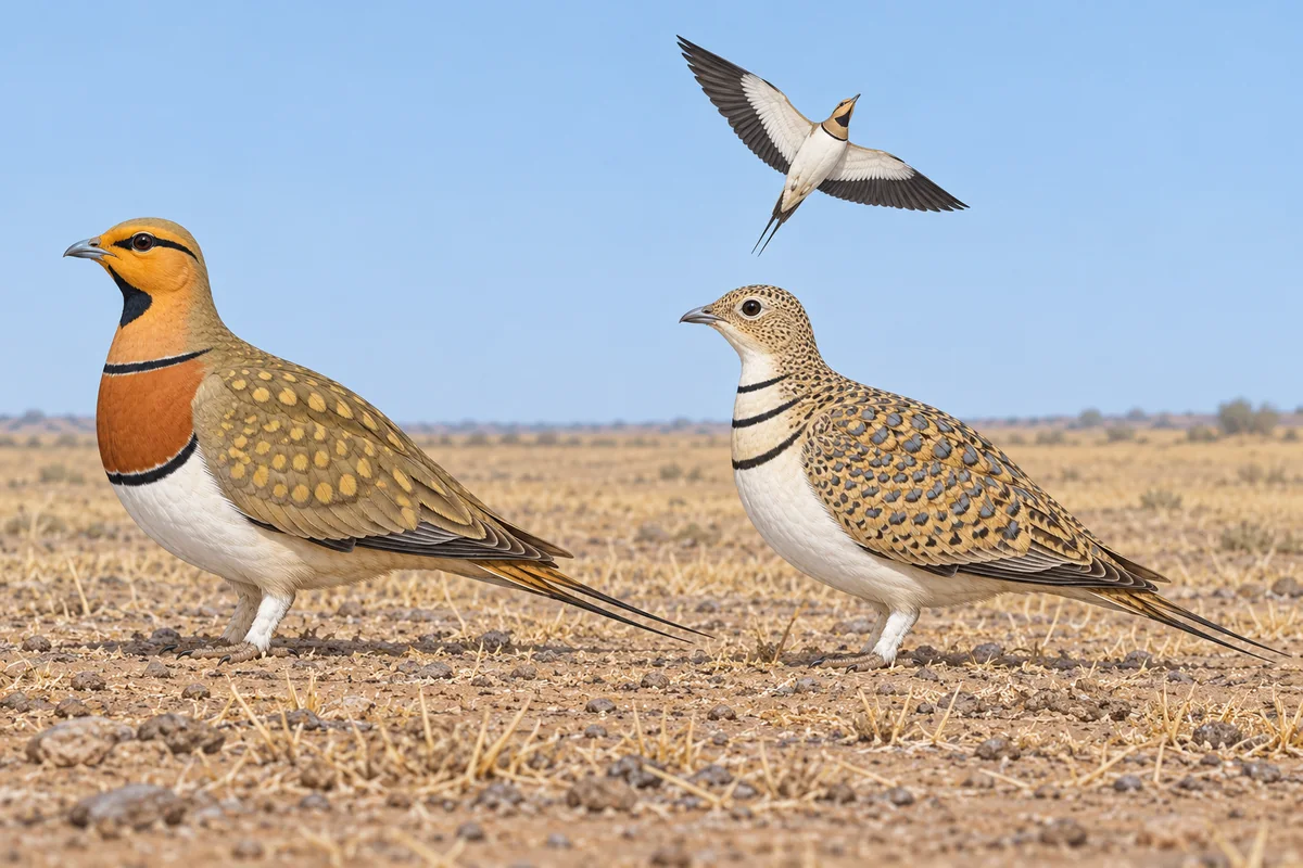 Ganga ibérica macho a la izquierda y hembra a la derecha, con el vientre blanco y la cola en punta; detrás, un ejemplar en vuelo
