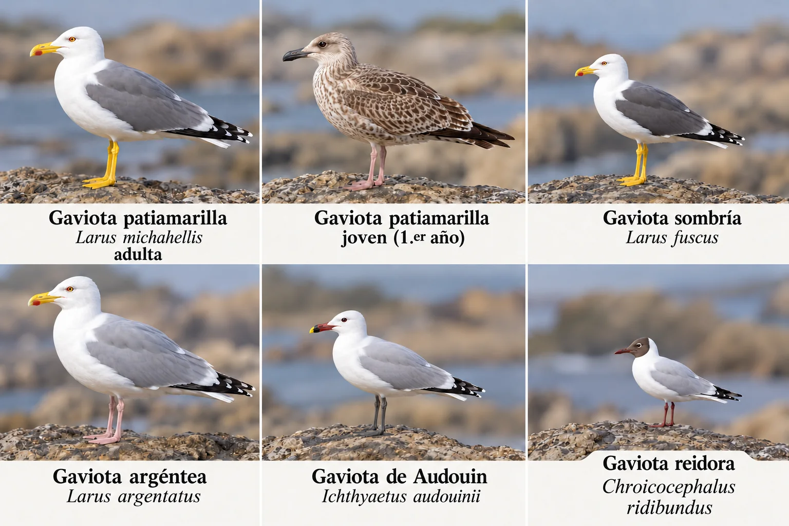 Ilustración de la gaviota patiamarilla adulta y joven junto a las gaviotas sombría, argéntea, de Audouin y reidora, de perfil y a la misma escala, para comparar el manto, las patas y el pico