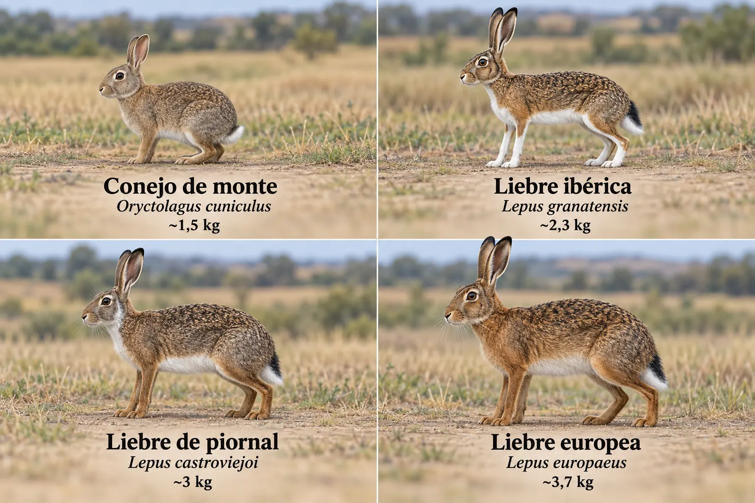 Conejo de monte, liebre ibérica, liebre de piornal y liebre europea de perfil a la misma escala: la de piornal, de tamaño intermedio, tiene una banda clara en la cara, las patas pardas sin blanco y un contraste nítido entre el dorso y el vientre