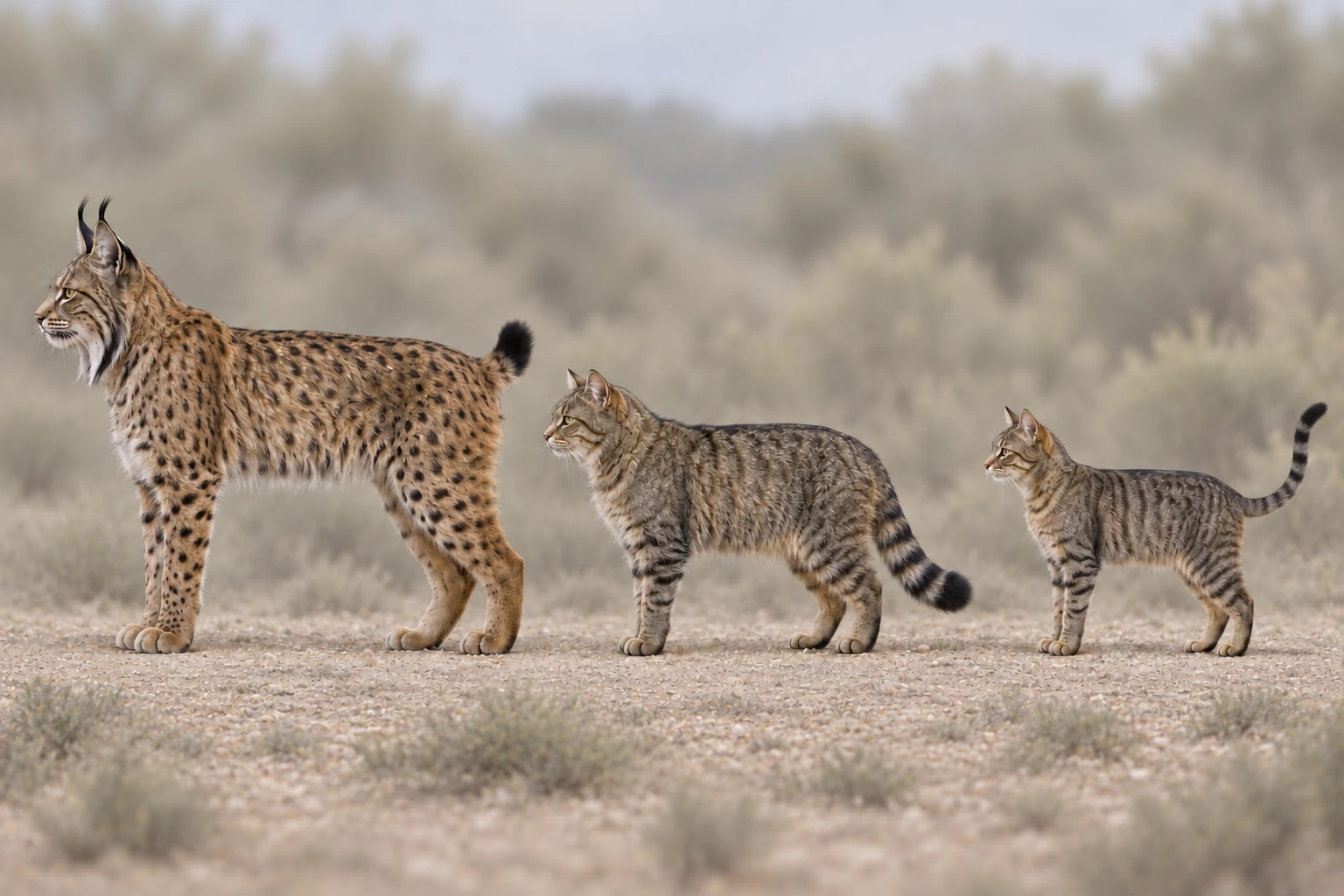Lince ibérico, gato montés y gato doméstico asilvestrado de perfil a la misma escala: el lince es mucho mayor, con patas largas, cola corta de punta negra, pinceles en las orejas y patillas