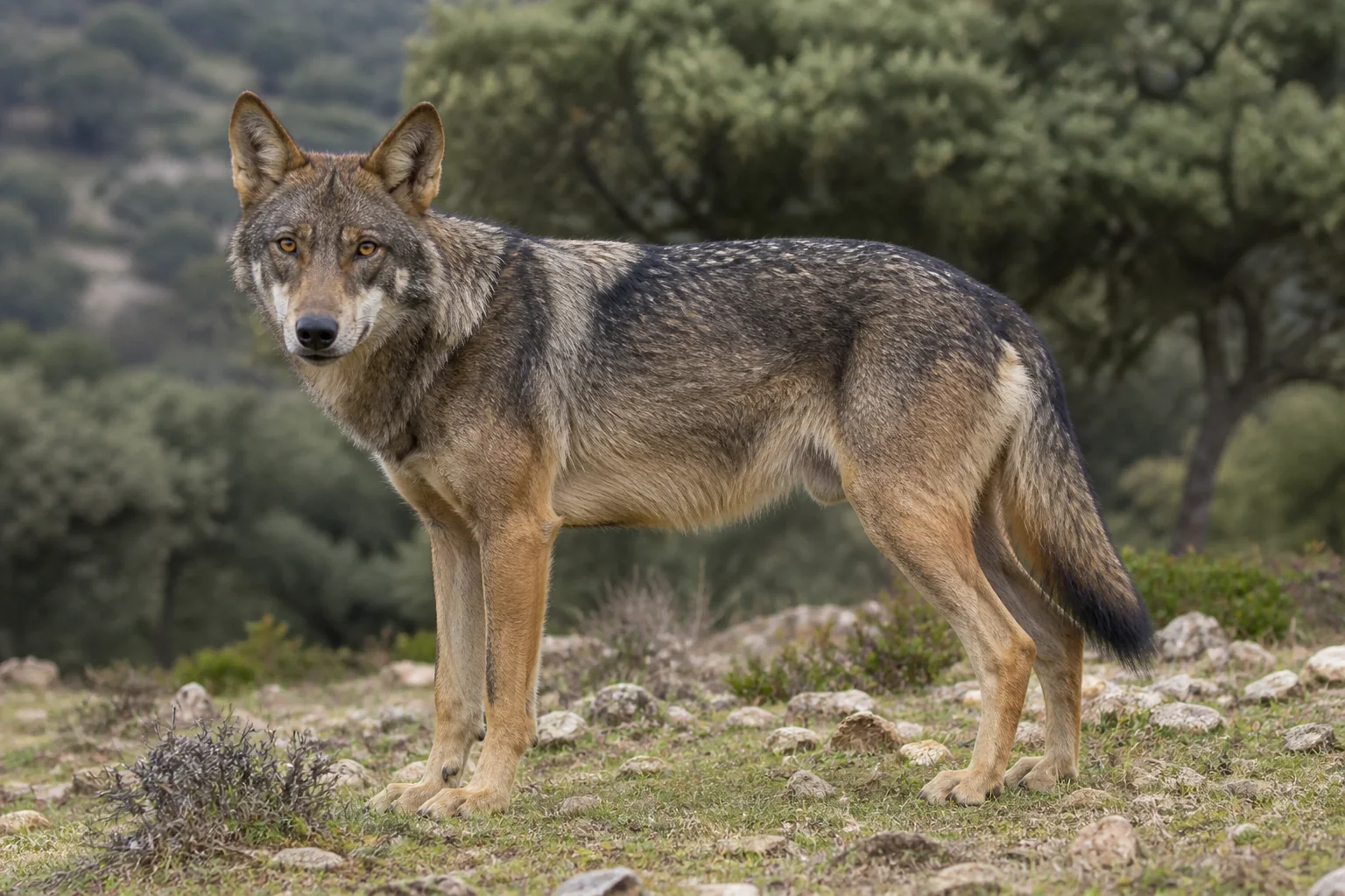Lobo ibérico de cuerpo entero, con mejillas claras, dorso oscuro y cola baja