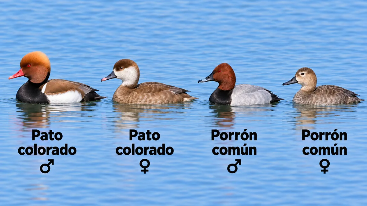 Pato colorado macho y hembra y porrón común macho y hembra nadando de perfil, de izquierda a derecha, con sus nombres