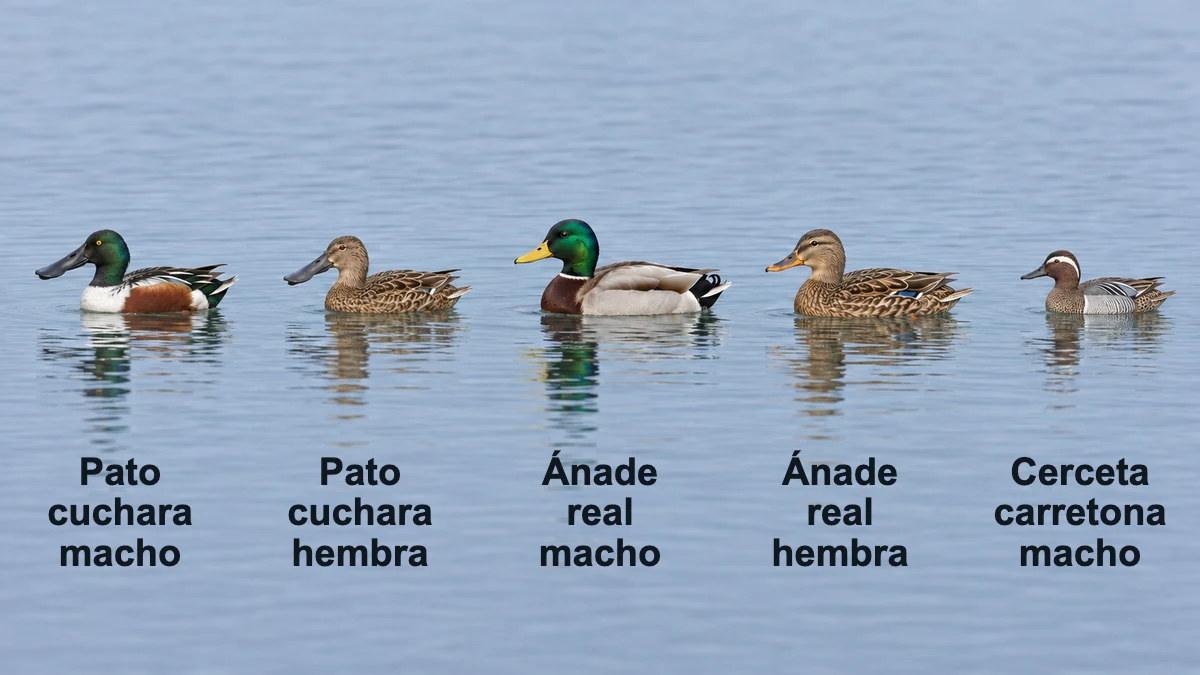Pato cuchara macho y hembra, ánade real macho y hembra y cerceta carretona macho nadando de perfil, de izquierda a derecha, con sus nombres