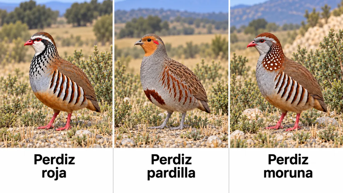 Perdiz roja, perdiz pardilla y perdiz moruna de perfil, de izquierda a derecha, con sus nombres