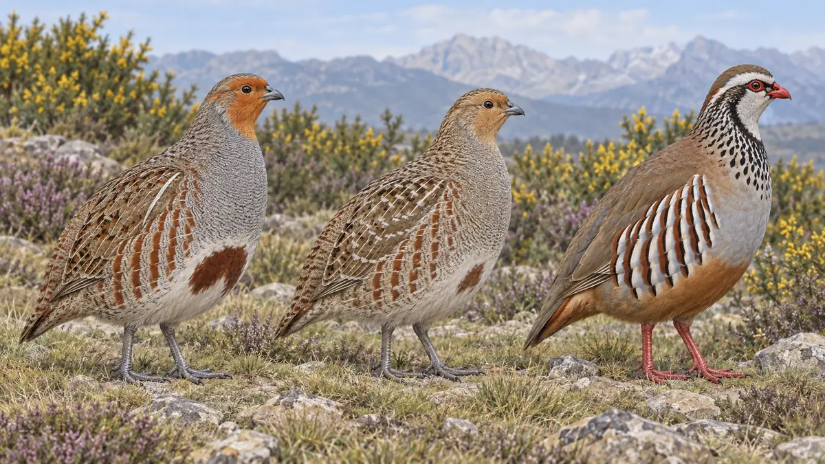 Perdiz pardilla macho y hembra y perdiz roja de perfil en un brezal de montaña: el macho con una gran mancha castaña en el vientre, la hembra con la mancha pequeña y la roja con el pico y las patas rojos