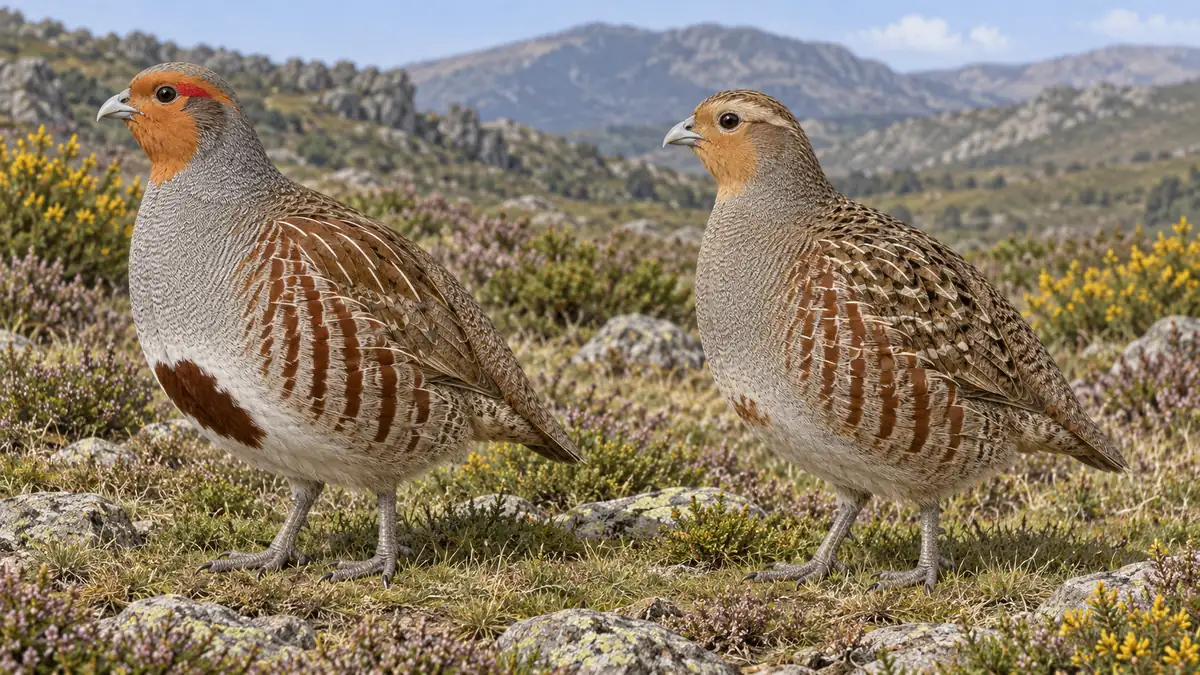 Perdiz pardilla macho y hembra de perfil en un brezal de montaña: el macho con la cara anaranjada intensa y una gran mancha castaña en el vientre, la hembra con la cara más apagada, la mancha pequeña y barras claras en las plumas del hombro