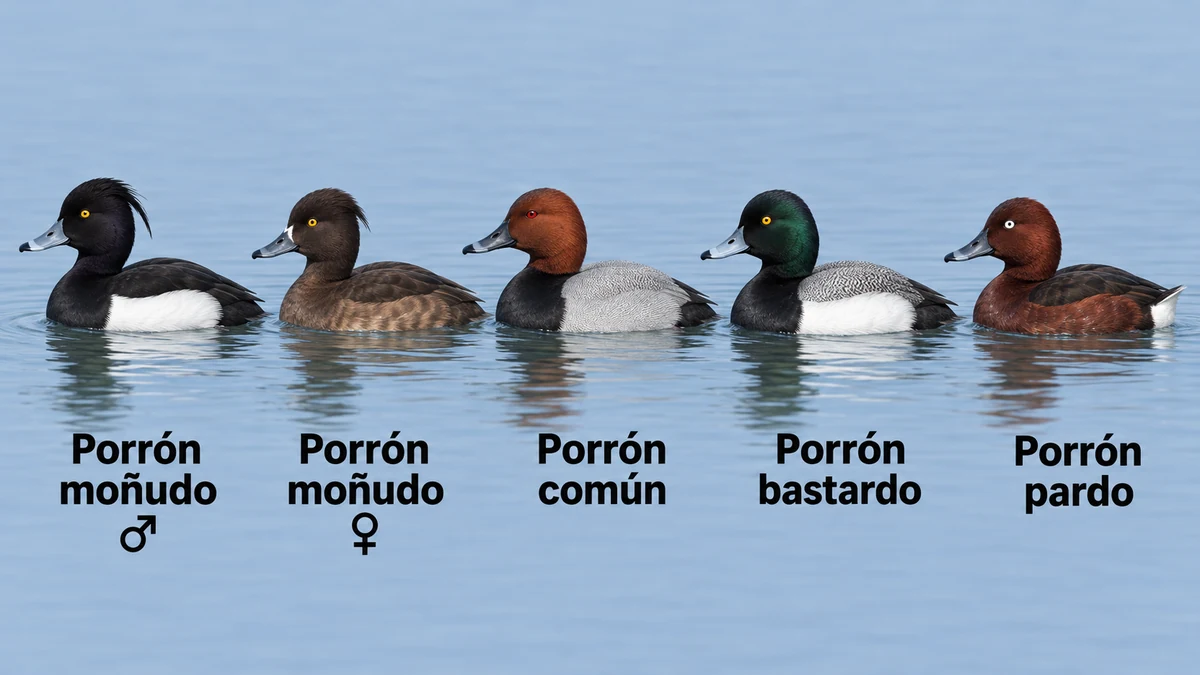 Porrón moñudo macho y hembra, porrón común, porrón bastardo y porrón pardo nadando de perfil, de izquierda a derecha, con sus nombres