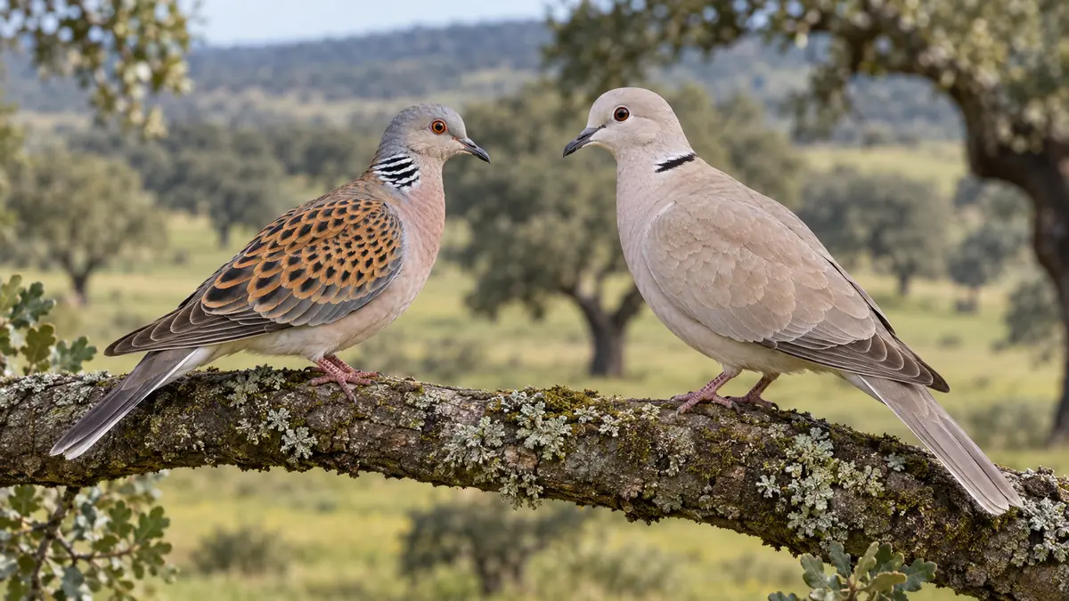 Tórtola europea, con el dorso escamado y la mancha listada del cuello, junto a una tórtola turca, de color uniforme y con medio collar negro