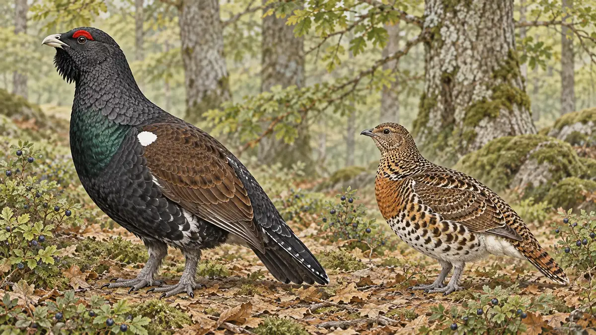 Urogallo macho, negro con pecho verdoso y ceja roja, junto a una hembra parda y barrada, más pequeña, en un hayedo