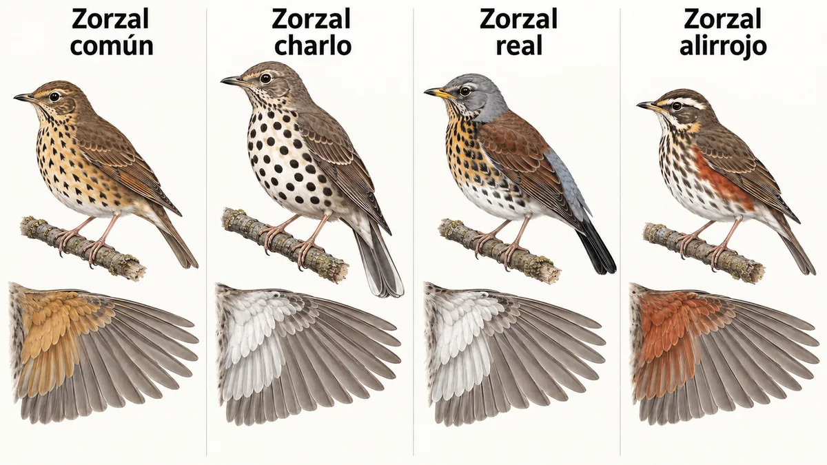 Zorzal común, zorzal charlo, zorzal real y zorzal alirrojo de perfil y con el ala abierta vista por debajo