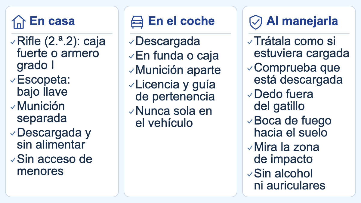 Esquema de las medidas de seguridad con armas: en casa, en el coche y al manejarlas